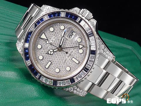 ROLEX 勞力士 GMT Msater II 格林威治型 116759 116759SA 18K白金材質 原鑲藍寶石鑲鑽錶圈、滿天星鑽石面盤、鑲鑽錶耳   此錶歡迎各路錶友以PP、AP、勞力士 來店交換，本店將以最高價評估～ 自動上鍊 40mm