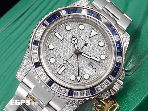 ROLEX 勞力士 GMT Msater II 格林威治型 116759 116759SA 18K白金材質 原鑲藍寶石鑲鑽錶圈、滿天星鑽石面盤、鑲鑽錶耳   此錶歡迎各路錶友以PP、AP、勞力士 來店交換，本店將以最高價評估～ 自動上鍊 40mm