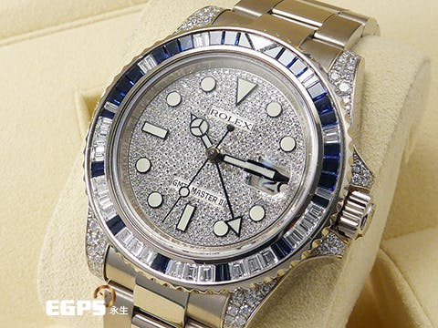 ROLEX 勞力士 GMT Msater II 格林威治型 116759 116759SA 18K白金材質 原鑲藍寶石鑲鑽錶圈、滿天星鑽石面盤、鑲鑽錶耳   此錶歡迎各路錶友以PP、AP、勞力士 來店交換，本店將以最高價評估～ 自動上鍊 40mm