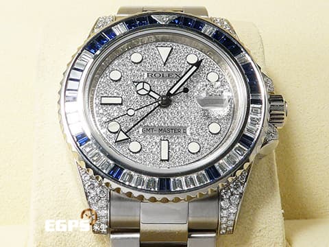 ROLEX 勞力士 GMT Msater II 格林威治型 116759 116759SA 18K白金材質 原鑲藍寶石鑲鑽錶圈、滿天星鑽石面盤、鑲鑽錶耳   此錶歡迎各路錶友以PP、AP、勞力士 來店交換，本店將以最高價評估～ 自動上鍊 40mm