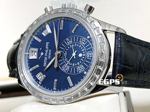 PATEK PHILIPPE 百達翡麗 PP錶 5961P-001  
複雜功能飛返計時年曆錶 PT950鉑金材質 原廠鑲嵌T鑽外框、T鑽摺疊帶扣、T鑽時標&nbsp;藍色面盤 2025年保單&nbsp;自動上鍊 40.5mm