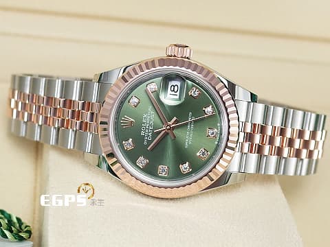 ROLEX 勞力士 Lady-Datejust 28 蠔式日誌型 279171 原廠鑽石時標 橄欖綠色面盤 永恆玫瑰金 半金款 DJ28 經典三角坑紋錶圈 2024年保卡 紀念型（Jubilee）五銖錶帶 自動上鍊 28mm