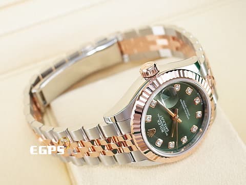 ROLEX 勞力士 Lady-Datejust 28 蠔式日誌型 279171 原廠鑽石時標 橄欖綠色面盤 永恆玫瑰金 半金款 DJ28 經典三角坑紋錶圈 2024年保卡 紀念型（Jubilee）五銖錶帶 自動上鍊 28mm