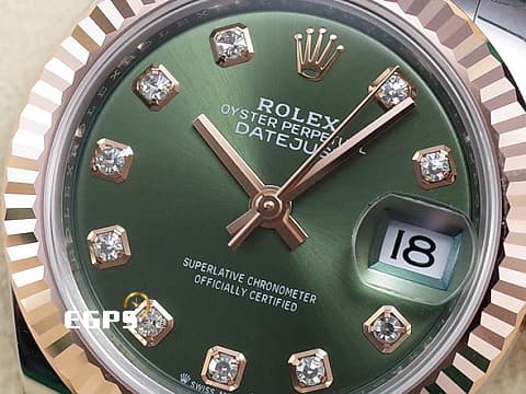 ROLEX 勞力士 Lady-Datejust 28 蠔式日誌型 279171 原廠鑽石時標 橄欖綠色面盤 永恆玫瑰金 半金款 DJ28 經典三角坑紋錶圈 2024年保卡 紀念型（Jubilee）五銖錶帶 自動上鍊 28mm