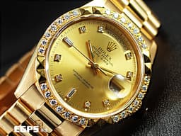ROLEX 勞力士 DAY-DATE 蠔式星期日誌型 DD 36 18238 18K黃金材質&nbsp;<font color="#05f0f0">原廠鑲嵌鑽石時標 金色面盤</font><font color="#FF0000"> 精鑲金字塔鑽圈 </font>自動上鍊 36mm