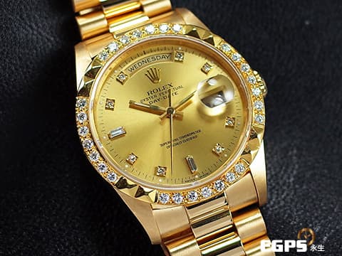 ROLEX 勞力士 DAY-DATE 蠔式星期日誌型 DD 36 18238 18K黃金材質&nbsp;原廠鑲嵌鑽石時標 金色面盤 精鑲金字塔鑽圈 自動上鍊 36mm