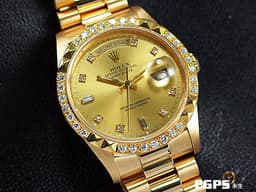 ROLEX 勞力士 DAY-DATE 蠔式星期日誌型 DD 36 18238 18K黃金材質&nbsp;<font color="#05f0f0">原廠鑲嵌鑽石時標 金色面盤</font><font color="#FF0000"> 精鑲金字塔鑽圈 </font>自動上鍊 36mm