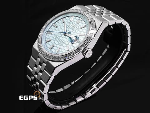 ROLEX 勞力士 Land-Dweller 127386 PT950 鉑金材質&nbsp;最新系列 陸行者 勞力士數一數二的透背錶款 醇冰藍色蜂巢圖案錶面 原廠鑲嵌鑽石錶圈、梯形鑽石時標&nbsp;2026年保卡 纖薄紀念型（Flat Jubilee）錶帶&nbsp;自動上鍊 40mm