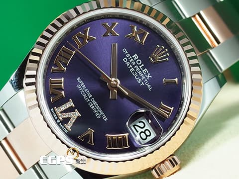 ROLEX 勞力士 DateJust 31 蠔式日誌型 278271 原廠VI鑲鑽時標 茄紫色面盤 永恆玫瑰金 半金款 DJ31 經典三角坑紋錶圈 2024年保單 蠔式（Oyster）三節板帶 自動上鍊 31mm