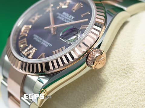 ROLEX 勞力士 DateJust 31 蠔式日誌型 278271 原廠VI鑲鑽時標 茄紫色面盤 永恆玫瑰金 半金款 DJ31 經典三角坑紋錶圈 2024年保單 蠔式（Oyster）三節板帶 自動上鍊 31mm