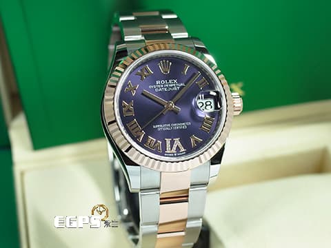 ROLEX 勞力士 DateJust 31 蠔式日誌型 278271 原廠VI鑲鑽時標 茄紫色面盤 永恆玫瑰金 半金款 DJ31 經典三角坑紋錶圈 2024年保單 蠔式（Oyster）三節板帶 自動上鍊 31mm