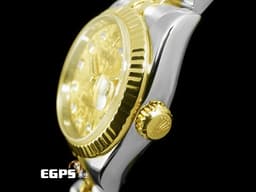 ROLEX 勞力士 Datejust 179173 DJ26 18K黃金材質 半金款 蠔式&nbsp;<font color="#05f0f0">金色紀念雕紋面盤 原廠鑲嵌鑽石時標 </font>自動上鏈&nbsp;26mm