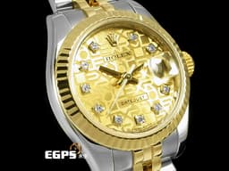ROLEX 勞力士 Datejust 179173 DJ26 18K黃金材質 半金款 蠔式&nbsp;<font color="#05f0f0">金色紀念雕紋面盤 原廠鑲嵌鑽石時標 </font>自動上鏈&nbsp;26mm