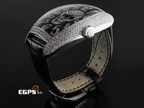 Franck Muller FM 法蘭穆勒 FM 8880 SC GOTH NBR D CD 酒桶型 18K白金材質 原廠鑲嵌鑽石錶殼、骷髏頭圖案面盤、立體經典阿拉伯數字時標 自動上鏈 44x54mm