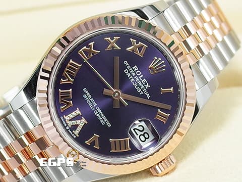 ROLEX 勞力士 DateJust 278271 玫瑰金及不鏽鋼材質  茄紫色面盤 VI鑲鑽時標 2024年新式綠卡 自動上鍊 31mm