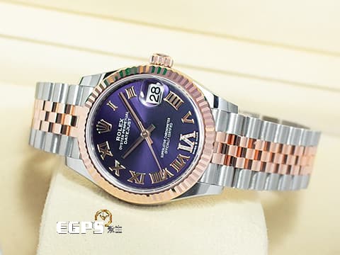 ROLEX 勞力士 DateJust 278271 玫瑰金及不鏽鋼材質  茄紫色面盤 VI鑲鑽時標 2024年新式綠卡 自動上鍊 31mm