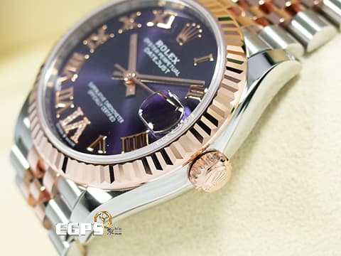 ROLEX 勞力士 DateJust 278271 玫瑰金及不鏽鋼材質  茄紫色面盤 VI鑲鑽時標 2024年新式綠卡 自動上鍊 31mm