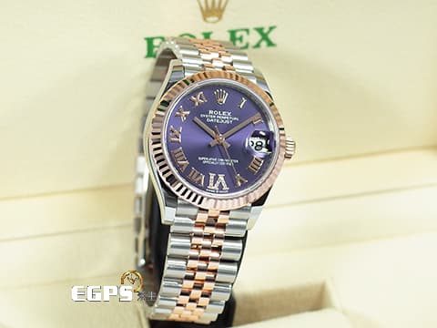 ROLEX 勞力士 DateJust 278271 玫瑰金及不鏽鋼材質  茄紫色面盤 VI鑲鑽時標 2024年新式綠卡 自動上鍊 31mm