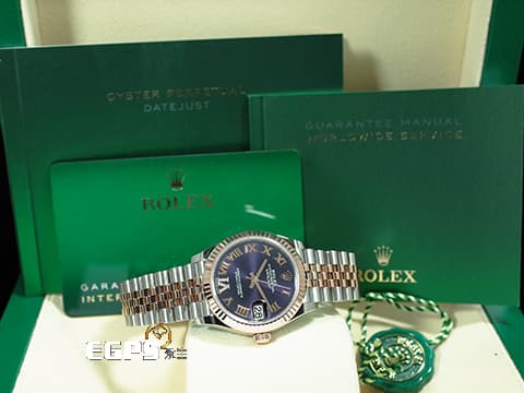 ROLEX 勞力士 DateJust 278271 玫瑰金及不鏽鋼材質  茄紫色面盤 VI鑲鑽時標 2024年新式綠卡 自動上鍊 31mm