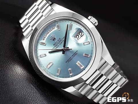 ROLEX 勞力士 DAYDATE 228206 星期日曆型 228206A 冰藍色面盤 原鑲長方形時標 停產款 想收藏只有現在！  PT950鉑金材質  自動上鍊  此錶歡迎各路錶友以 PP、AP、勞力士 來店交換，本店將以最高價評估～ 40mm