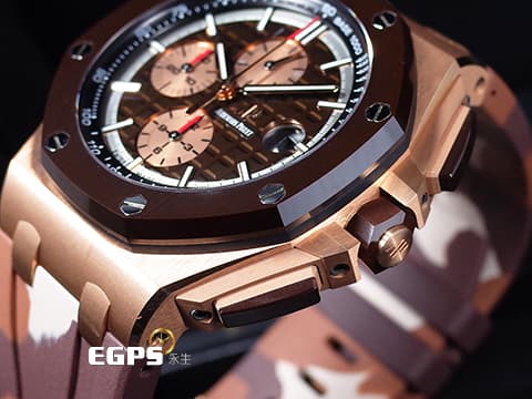 Audemars Piguet 愛彼 AP錶 Royal Oak Offshore 皇家橡樹 離岸型 計時碼表 26401RO.OO.A087CA.01 18K玫瑰金材質 棕色陶瓷框 迷彩大金貓&nbsp;全球專賣店限量500只 2019年新式保卡&nbsp;自動上鏈 44mm