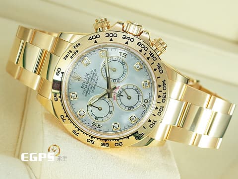 ROELX 勞力士 Daytona 116508 18K黃金材質 白色珍珠母貝錶面 原鑲鑽石時標  2020年新式保卡 自動上鍊 40mm