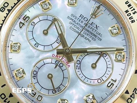 ROELX 勞力士 Daytona 116508 黃K金材質 白色珍珠母貝錶面 原鑲鑽石時標  2020年新式保卡 已貼膜  此錶歡迎各路錶友以PP、AP、勞力士 來店交換，本店將以最高價評估～ 自動上鍊 40mm