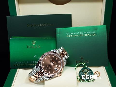 ROLEX 勞力士 Datejust 126331 蠔式日誌型 半金 巧克力色面盤搭配鑽石時標 玫瑰金 2024年保單 新式綠卡，紀念型五銖錶帶 自動上鍊 41mm