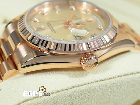 ROLEX 勞力士 Day-Date 118235 蠔式 星期日期型 18K玫瑰金材質 元首型錶帶 原廠鑲嵌鑽石時標 日亮金色面盤&nbsp;已回原廠保養 延長保固到2027年&nbsp;自動上鍊 36mm