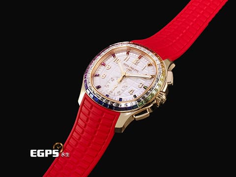 Patek Philippe 百達翡麗 PP錶  Aquanaut  7968/300R-001 海底探險家 海探 手雷 18K玫瑰金材質 白色珍珠貝母面盤&nbsp;共計52顆長階梯形切割多彩藍寶石（2.62克拉）及50顆長階梯形切割鑽石（2.41克拉）&nbsp;2026年保單 保有部分原廠膠膜&nbsp;自動上鏈   42.2mm