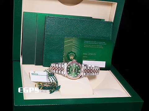 ROLEX 勞力士 Lady-Datejust 28 蠔式日誌型 279171 原廠鑲石時標 橄欖綠色面盤 DJ28 永恆玫瑰金 半金款 經典三角坑紋外圈 2020年保單 紀念型（Jubilee）五銖錶帶 自動上鏈 28mm