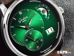 GLASHUTTE ORIGINAL 格拉蘇蒂 PanoMaticLunar 經典偏心面盤 大日期窗 月相盈虧 <font color=#019858>漸層綠色面盤</font> 1-90-02-13-32-51 德國錶 <font color=#FF0000>2023年保單 台灣公司貨</font> 自動上鍊 40mm