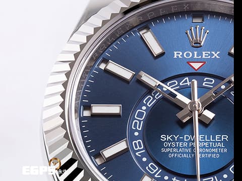 ROLEX 勞力士 Sky-Dweller 蠔式 天行者 326934 亮藍色面盤 沙羅系統 年曆錶 兩地時區 經典三角坑紋錶圈 2019年保卡 蠔式（Oyster）三節錶帶 自動上鍊 42mm