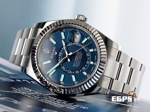 ROLEX 勞力士 Sky-Dweller 蠔式 天行者 326934 亮藍色面盤 沙羅系統 年曆錶 兩地時區 經典三角坑紋錶圈 2019年保卡 蠔式（Oyster）三節錶帶 自動上鍊 42mm