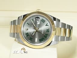 ROLEX 勞力士 Datejust 41 蠔式日誌型 126303 <font color=#ADADAD>石板灰色面盤</font>搭配<font color=#228B22>綠色羅馬數字時標 溫布頓</font> DJ41 半金款 18K黃金 <font color=#FF0000>2024年保單 蠔式（Oyster）三節板帶</font> 自動上鍊 41mm