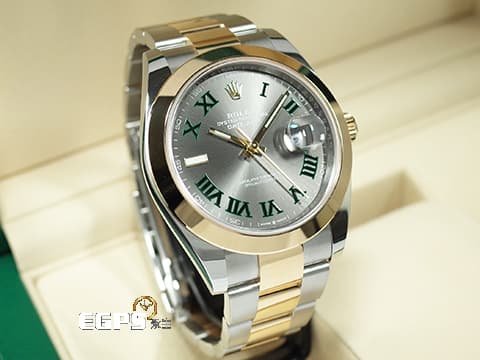 ROLEX 勞力士 DATEJUST 41 經典 蠔式日誌型 126303 綠羅馬時標面盤 DJ41 半金款 18K黃金 2024年保單 新式保卡 蠔式三板錶帶 自動上鍊 41mm