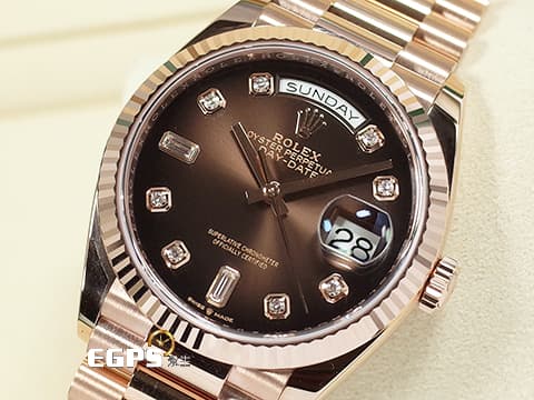ROLEX 勞力士 Day-Date DD 128235 18K玫瑰金材質  漸變棕色面盤 原廠鑽石時標    2021年新式綠卡  自動上鍊 36mm