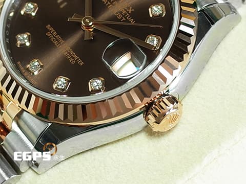 ROLEX 勞力士 DATEJUST LDAY 278271 巧克力色面盤 蠔式 玫瑰金半金款  2021年保單  原廠鑽石時標 紀念型五格鏈節錶帶款  自動腕錶 31mm