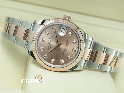 ROLEX 勞力士 Datejust 31 蠔式日誌型 278271 原廠鑽石時標面盤&nbsp;永恆玫瑰金 半金款 DJ31 經典三角坑紋外圈&nbsp;2021年保卡&nbsp;蠔式（Oyster）三節板帶 自動上鏈 31mm
