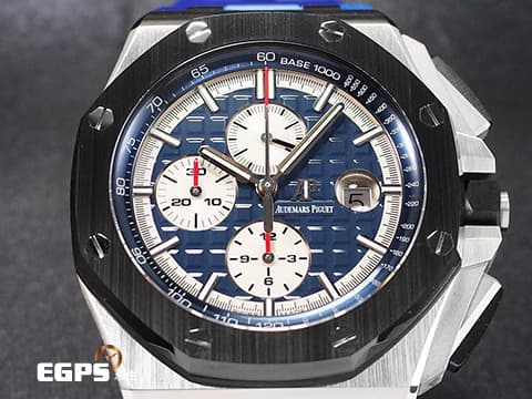 Audemars Piguet 愛彼 AP錶 Royal Oak Offshore 皇家橡樹離岸型 PT950鉑金材質 藍色面盤 計時碼錶 26401PO.OO.A018CR.01 陶瓷框 鉑金貓 搭配藍色迷彩橡膠錶帶  此錶歡迎各路錶友以 RM、PP、AP、勞力士 來店交換，本店將以最高價評估～ 自動上鏈 44mm