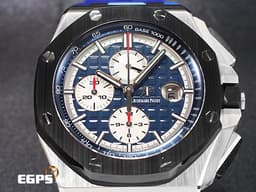 Audemars Piguet 愛彼 AP錶 Royal Oak Offshore 皇家橡樹離岸型 PT950鉑金材質 藍色面盤 計時碼錶 26401PO.OO.A018CR.01 陶瓷框 鉑金貓 <font color=#FF0000>搭配藍色迷彩橡膠錶帶 </font><font color=#FFFF33> 此錶歡迎各路錶友以 RM、PP、AP、勞力士 來店交換，本店將以最高價評估～</font> 自動上鏈 44mm