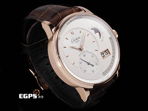 Glashutte Original 格拉蘇蒂 Pano Matic Lunar 偏心系列 1-92-09-02-05-62 18K玫瑰金材質 年曆錶 月相盈虧 大日期窗 逆跳月份顯示 100小時動力儲存   德國腕錶工藝 招牌雙鵝頸 3/4夾板 偏心面盤   2023年保卡 台灣公司貨 自動上鍊 42mm