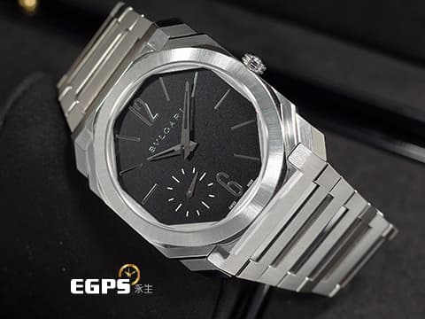 BVLGARI 寶格麗 Bulgari Octo Finissimo系列 103297 黑色霧面錶盤 八角形多稜角設計錶框 小秒針 PT950 鉑金微型自動盤 超薄 不鏽鋼 2025年保單 自動上鍊 40mm