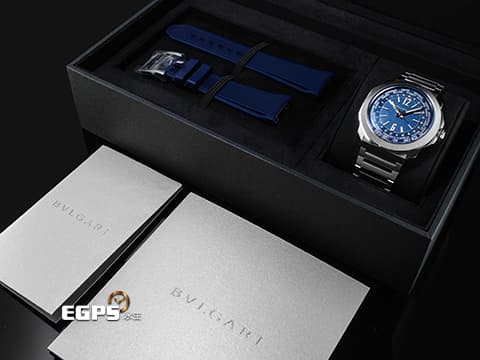 BVLGARI 寶格麗 Octo Roma WorldTimer 103762 不鏽鋼材質 世界時區顯示&nbsp;霧面藍色巴黎釘紋錶盤 快拆功能錶帶 自由切換鏈帶、膠帶風格搭配&nbsp;2025年保卡&nbsp;自動上鍊 41mm