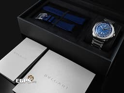 BVLGARI 寶格麗 Octo Roma WorldTimer 103762 不鏽鋼材質 <font color="#05f0f0">世界時區顯示</font>&nbsp;<font color="#e0fdff">霧面藍色巴黎釘紋錶盤 快拆功能錶帶 自由切換鏈帶、膠帶風格搭配</font><font color="#FF0000">&nbsp;2025年保卡</font>&nbsp;自動上鍊 41mm