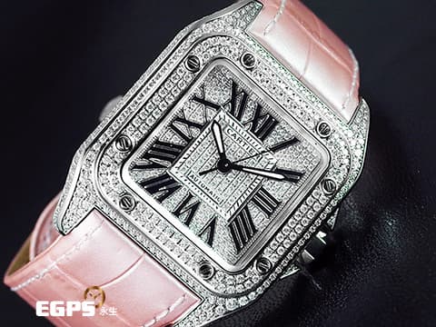 CARTIER 卡地亞 Santos 100 山度士 中型款 精鑲鑽石 錶殼、錶腹、錶冠，精鑲嵌滿滿高等級天然美鑽 、滿天星鑽石面盤  閃到一個不要不要的 自動上鍊 36mm