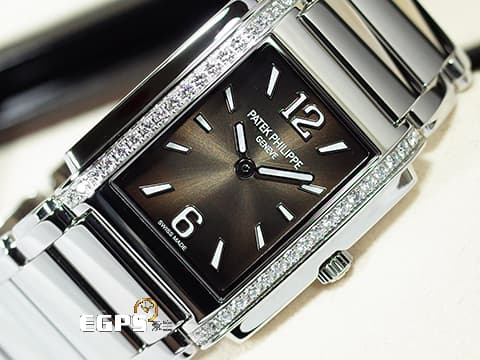 PATEK PHILIPPE 百達翡麗 PP錶 Twenty-4 4910/1200A-010 原廠鑲鑽  咖啡色面盤  2025年保單 受女士歡迎的百達翡麗系列 石英女錶 25x30mm