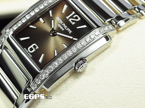 PATEK PHILIPPE 百達翡麗 PP錶 Twenty-4 4910/1200A-010 原廠鑲鑽  咖啡色面盤  2025年保單 受女士歡迎的百達翡麗系列 石英女錶 25x30mm