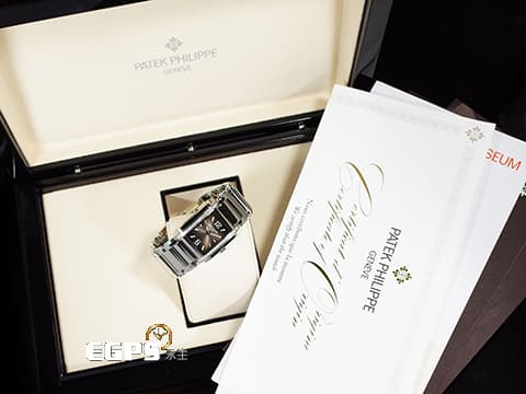 PATEK PHILIPPE 百達翡麗 PP錶 Twenty-4 4910/1200A-010 原廠鑲鑽  咖啡色面盤  2025年保單 受女士歡迎的百達翡麗系列 石英女錶 25x30mm