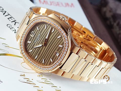 Patek Philippe 百達翡麗 PP錶 7118 /1200R-010 金鷹 7118/1200R-010 18K玫瑰金材質 鍊帶款 PP印記 原廠鑲嵌56顆鑽石錶圈（共0.67克拉）&nbsp;玫瑰金色水波紋路面盤 2024年保單&nbsp;自動上鍊 35.2mm